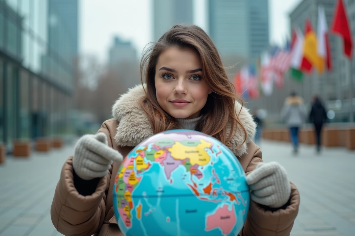 Jeune femme avec globe dans une place urbaine cosmopolite