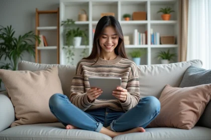 Jeune femme souriante lisant manga sur un canapé moderne
