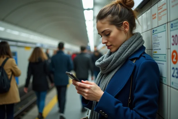 Jeune femme dans le métro parisien vérifiant le service