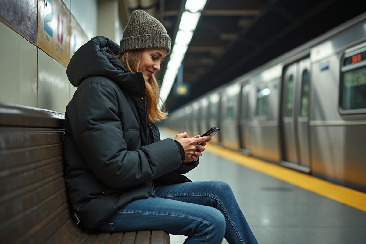 Jeune femme en streetwear assise dans une station de métro
