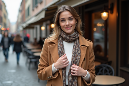Jeune femme élégante en manteau camel et foulard mode urbaine