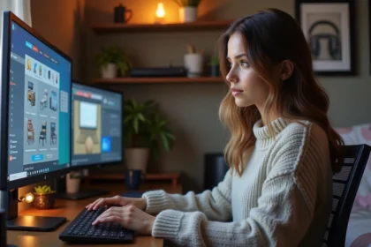 Jeune femme concentrée sur son ordinateur avec Sims 4
