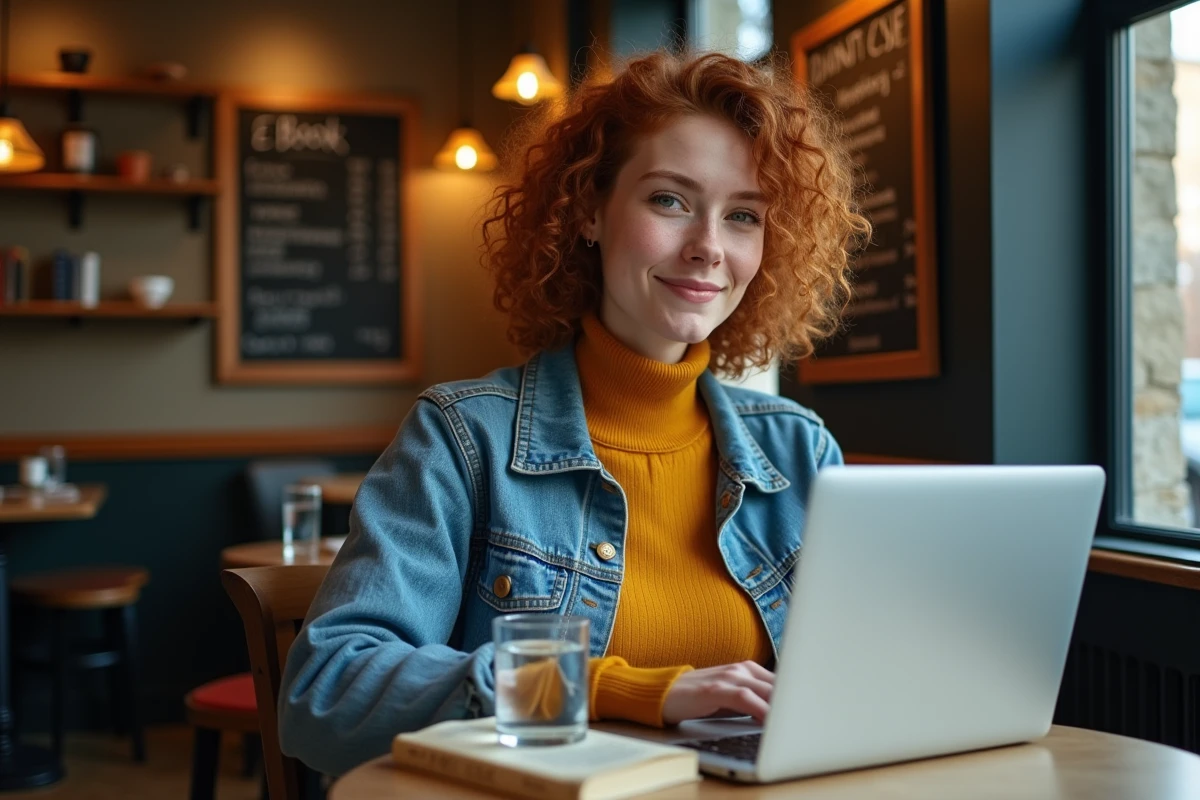 Jeune femme consultant une plateforme ebook légale sur son ordinateur dans un café, alternatives 1001ebook
