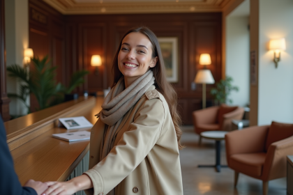 Jeune femme souriante à la réception d'un hôtel à Rennes