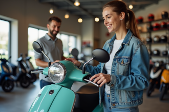 Jeune femme souriante examine un scooter 50cc en magasin