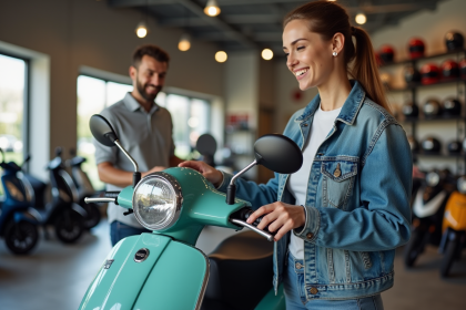 Jeune femme souriante examine un scooter 50cc en magasin