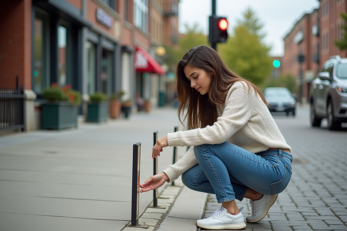 Jeune femme examinant des panneaux de zonage dans la rue