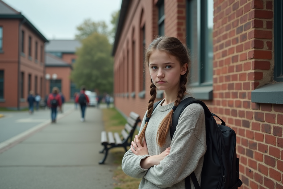 Jeune fille debout devant une école en briques avec un air pensif