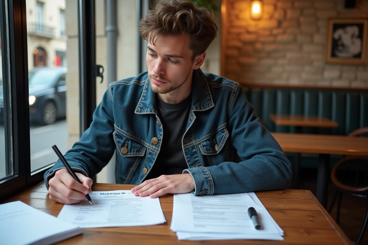 Jeune homme remplissant un formulaire pour une amende RATP au café