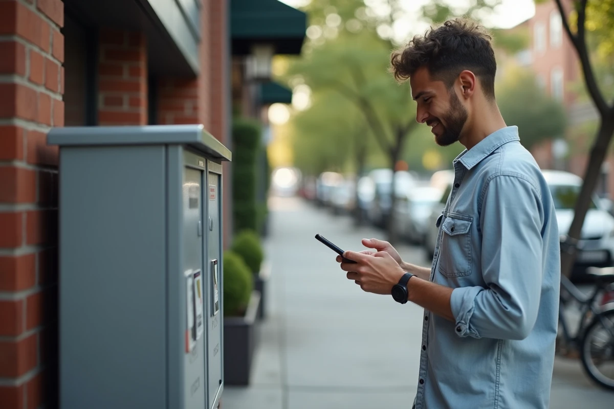Jeune homme scannant un courrier devant un casier postal