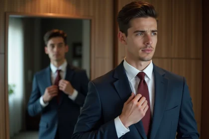 Jeune homme en costume ajusté ajustant sa cravate dans un intérieur élégant
