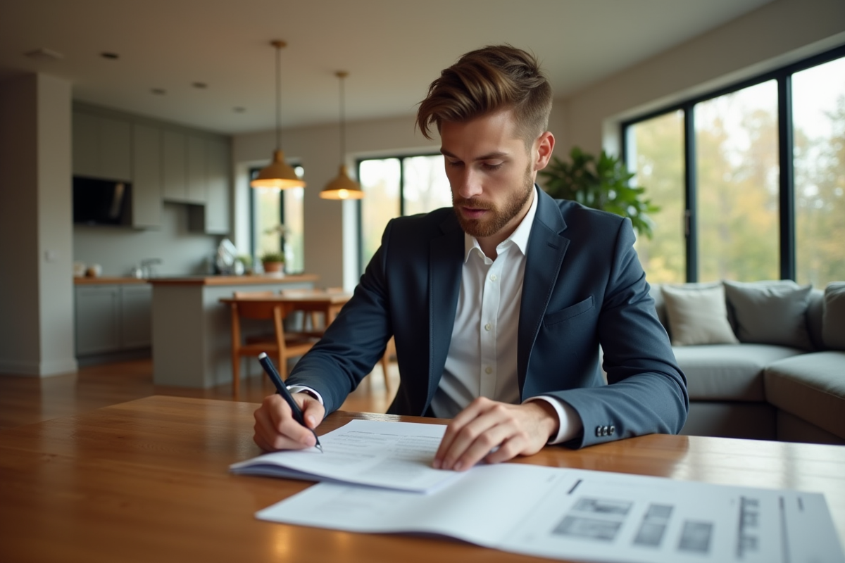Jeune homme en affaires examinant des documents dans un salon