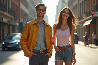 Jeune homme et femme en mode urbaine en extérieur
