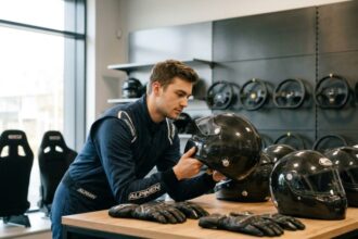 Jeune homme portant un casque de course sur un circuit automobile