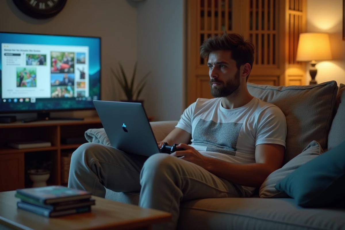 Jeune homme jouant aux jeux vidéo sur un canapé