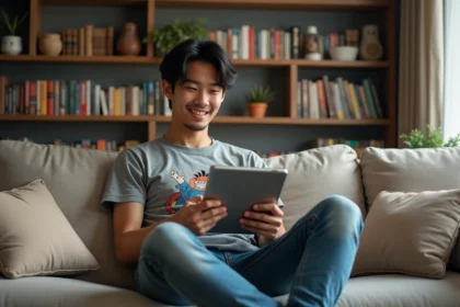 Jeune homme lisant manga sur tablette dans un salon cosy
