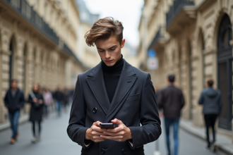 Jeune homme à la mode dans une rue parisienne en blazer
