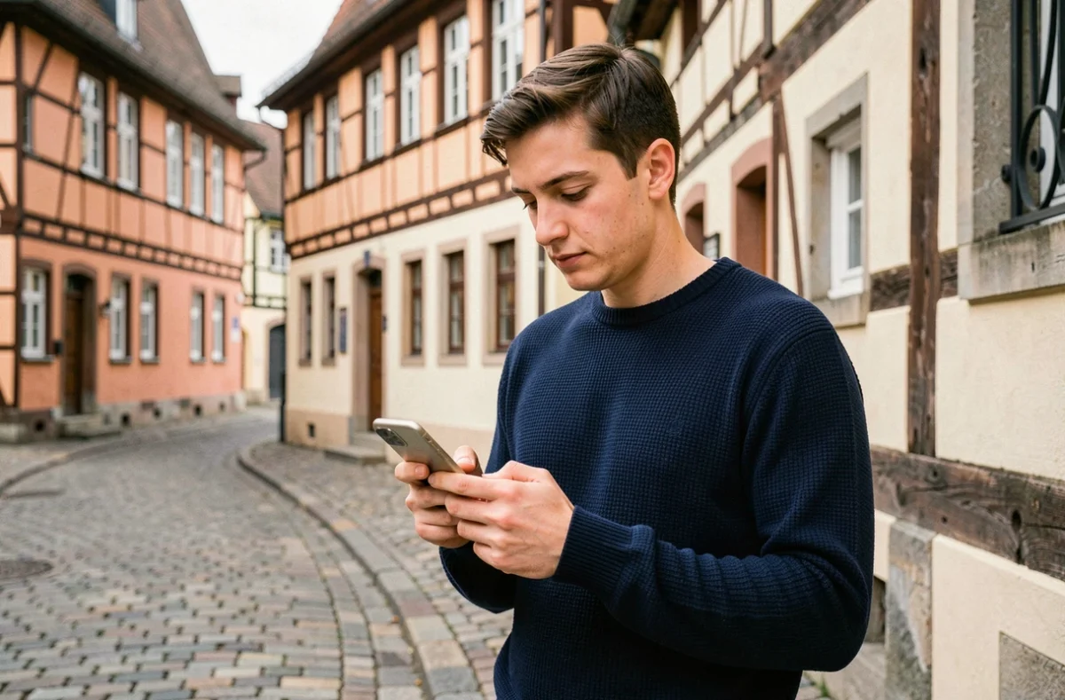 Jeune homme cherchant les paroles vérifiées de La Strasbourgeoise sur son smartphone dans une rue alsacienne