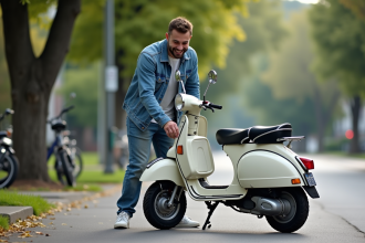 Jeune homme polissant une Honda Dax 50 dans une rue tranquille