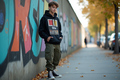 Jeune homme en streetwear urbain contre un mur graffite