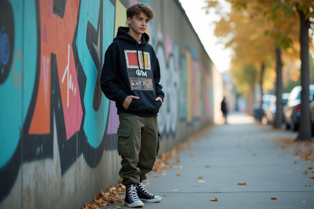 Jeune homme en streetwear urbain contre un mur graffite