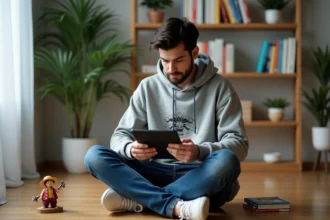 Jeune homme lisant une tablette dans un salon moderne