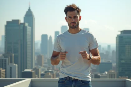 Jeune homme confiant en rooftop urbain avec skyline