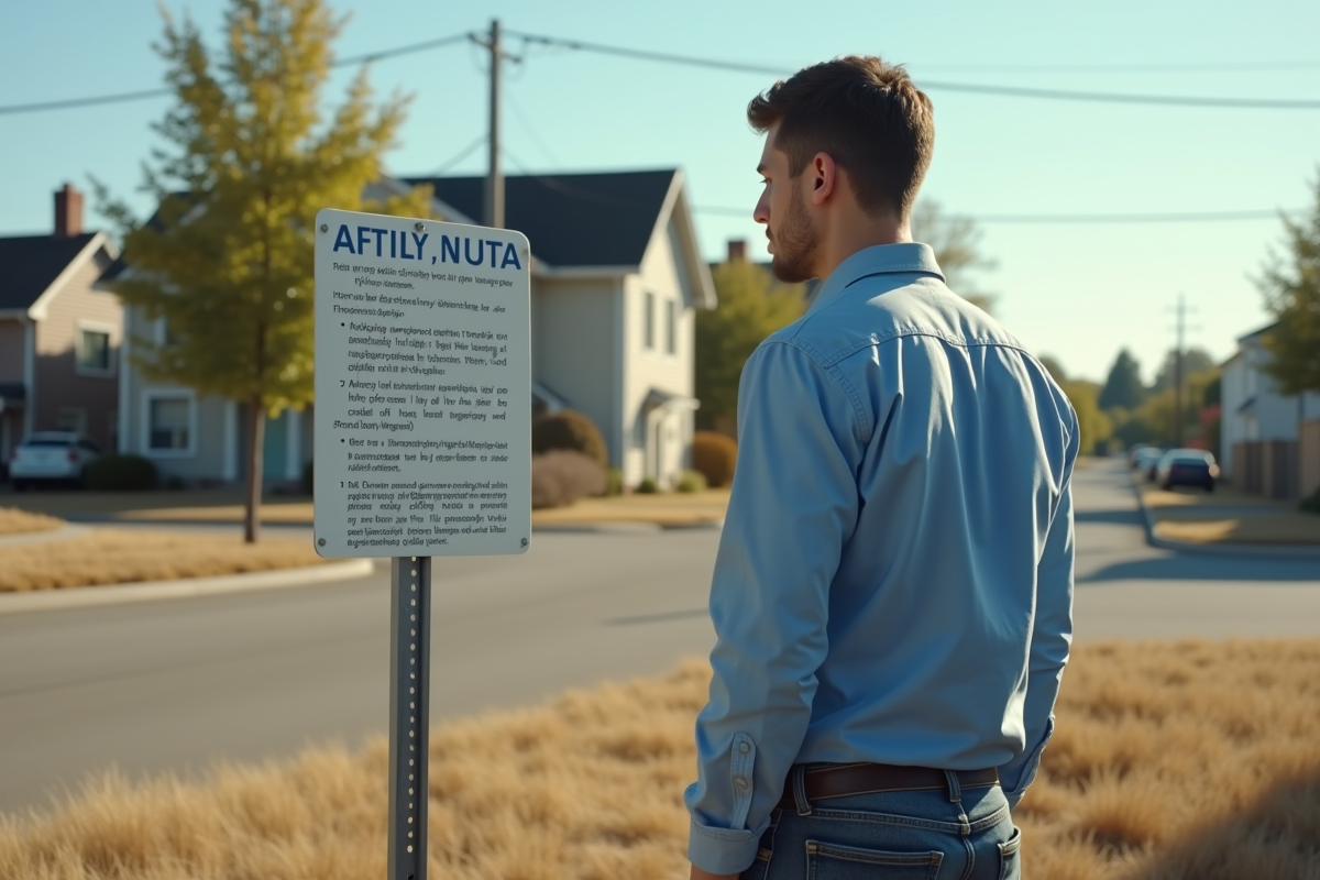 Jeune homme regardant une affiche de zonage en extérieur