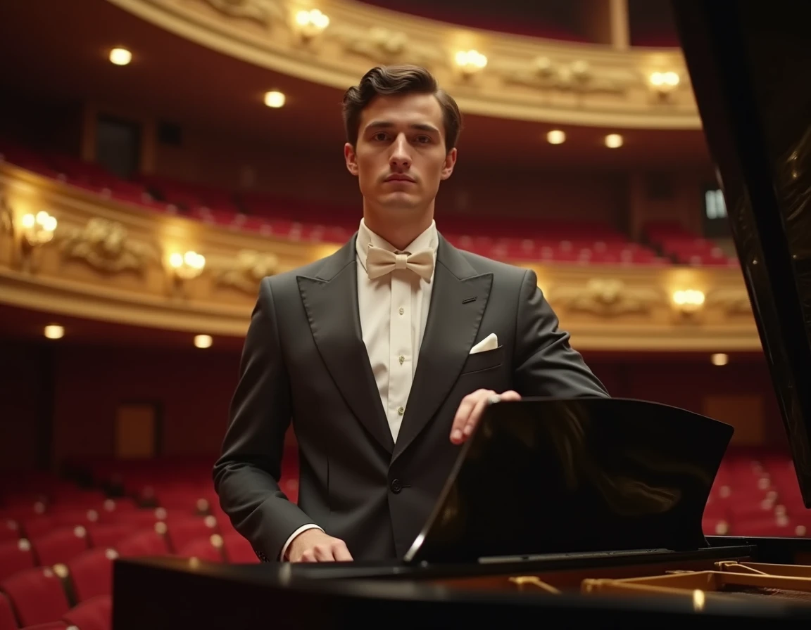 Jeune pianiste français célèbre dans une grande salle de concert historique