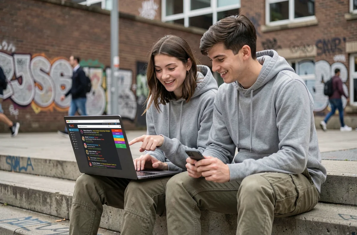 Deux jeunes adultes regardant ensemble des archives du forum 18-25 sur un laptop assis sur des marches de campus, sourires de reconnaissance nostalgique