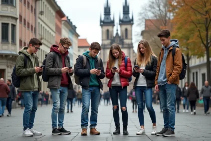 Jeunes adolescents dans une place urbaine moderne