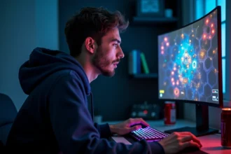 Joueur concentré devant un écran affichant une partie de TFT avec des compositions de personnages sur une grille hexagonale