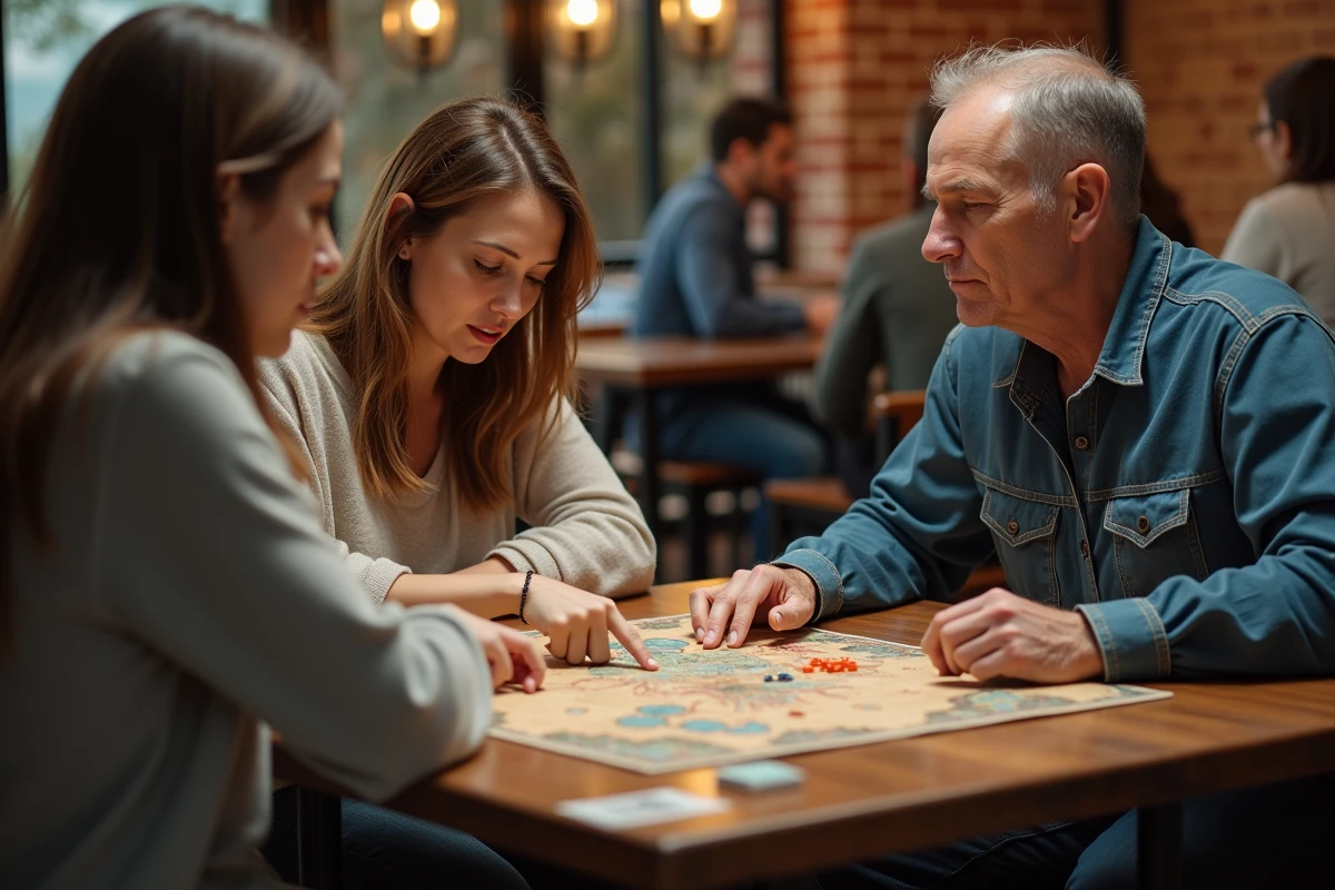 Deux joueurs adultes disputant une partie de jeu de stratégie de guerre dans un café de jeux de société