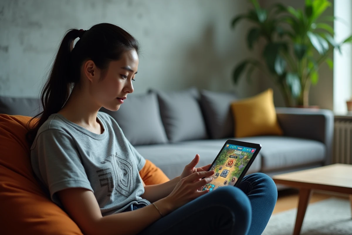 Joueuse analysant sa composition TFT sur tablette avec une expression réfléchie lors d'une partie en mid game