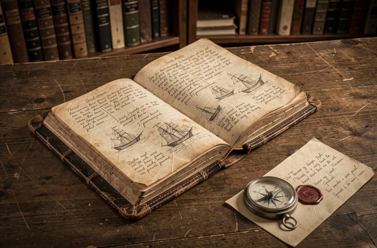 Journal ancien et archives généalogiques symbolisant les secrets et origines cachées de Portgas D Ace