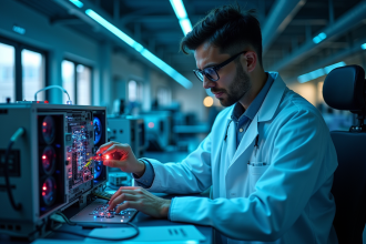 Scientifique dans un laboratoire moderne examinant un ordinateur quantique
