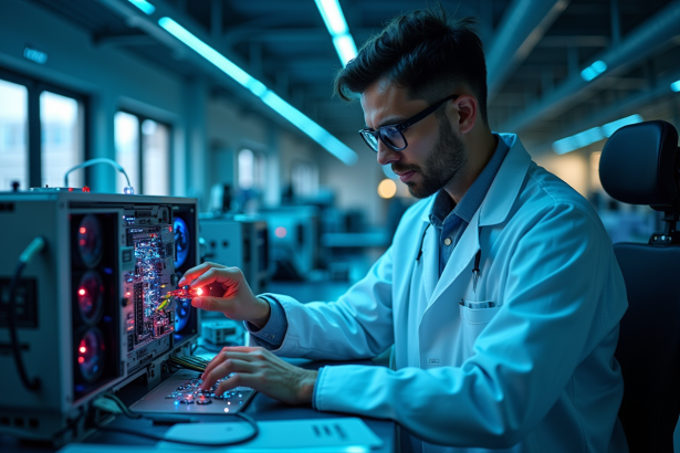 Scientifique dans un laboratoire moderne examinant un ordinateur quantique
