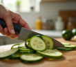 Courgettes en lamelles fraîches coupées à la main sur une planche en bois