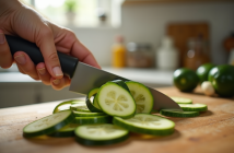 Courgettes en lamelles fraîches coupées à la main sur une planche en bois