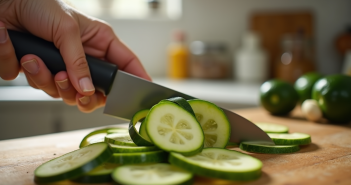 Courgettes en lamelles fraîches coupées à la main sur une planche en bois
