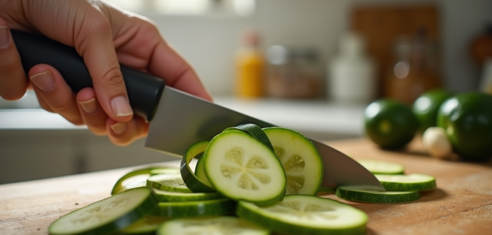 Courgettes en lamelles fraîches coupées à la main sur une planche en bois