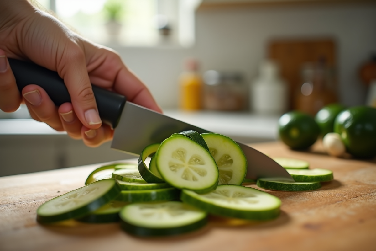 Courgettes en lamelles fraîches coupées à la main sur une planche en bois