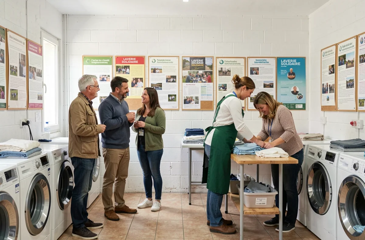 Bénévoles et usagers de la Laverie Solidaire de Lyon interagissant chaleureusement autour des machines à laver