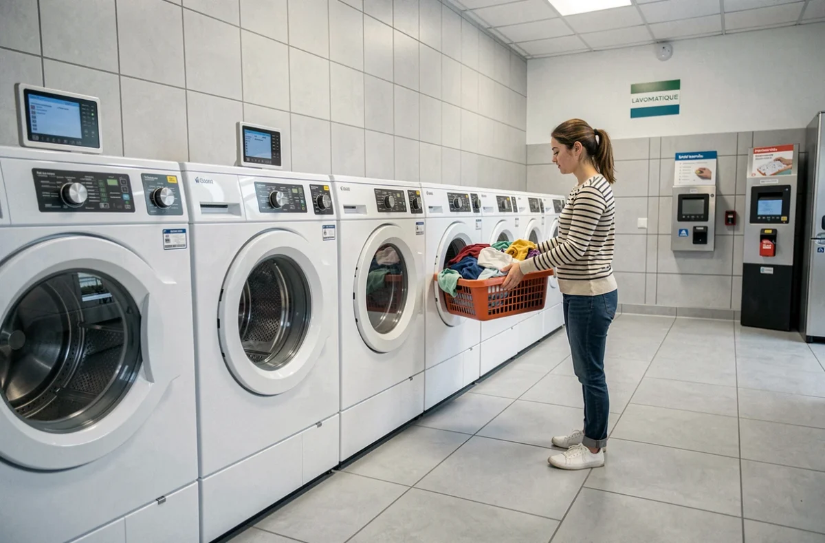 Jeune femme chargeant du linge dans une machine à laver dans la laverie Lavomatique de Grenoble