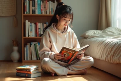 Jeune femme lisant un manhwa en version française dans une chambre cosy entourée de volumes empilés