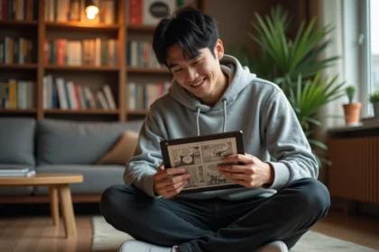 Jeune homme lisant le dernier chapitre d'un manga One Piece sur une tablette dans un salon cosy