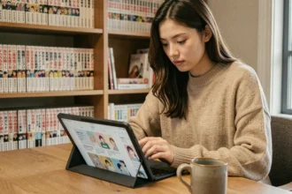Jeune femme lisant du manga yaoi en ligne sur une tablette dans un bureau cosy entouré de livres manga