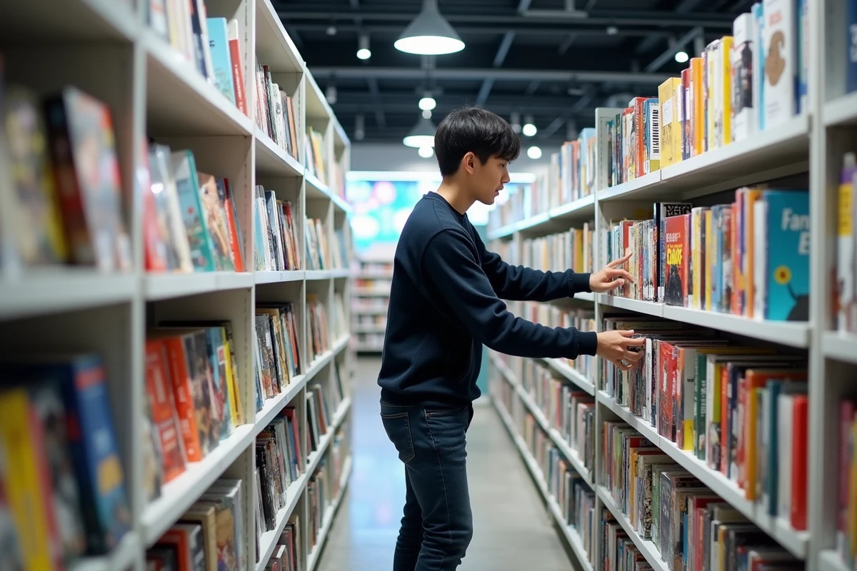 Homme parcourant un rayon manhwa en français dans une librairie urbaine moderne aux étagères bien garnies