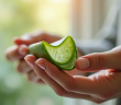 Mains tenant une tige d'aloe vera fraîche avec gel visible