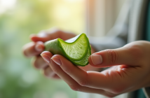 Mains tenant une tige d'aloe vera fraîche avec gel visible
